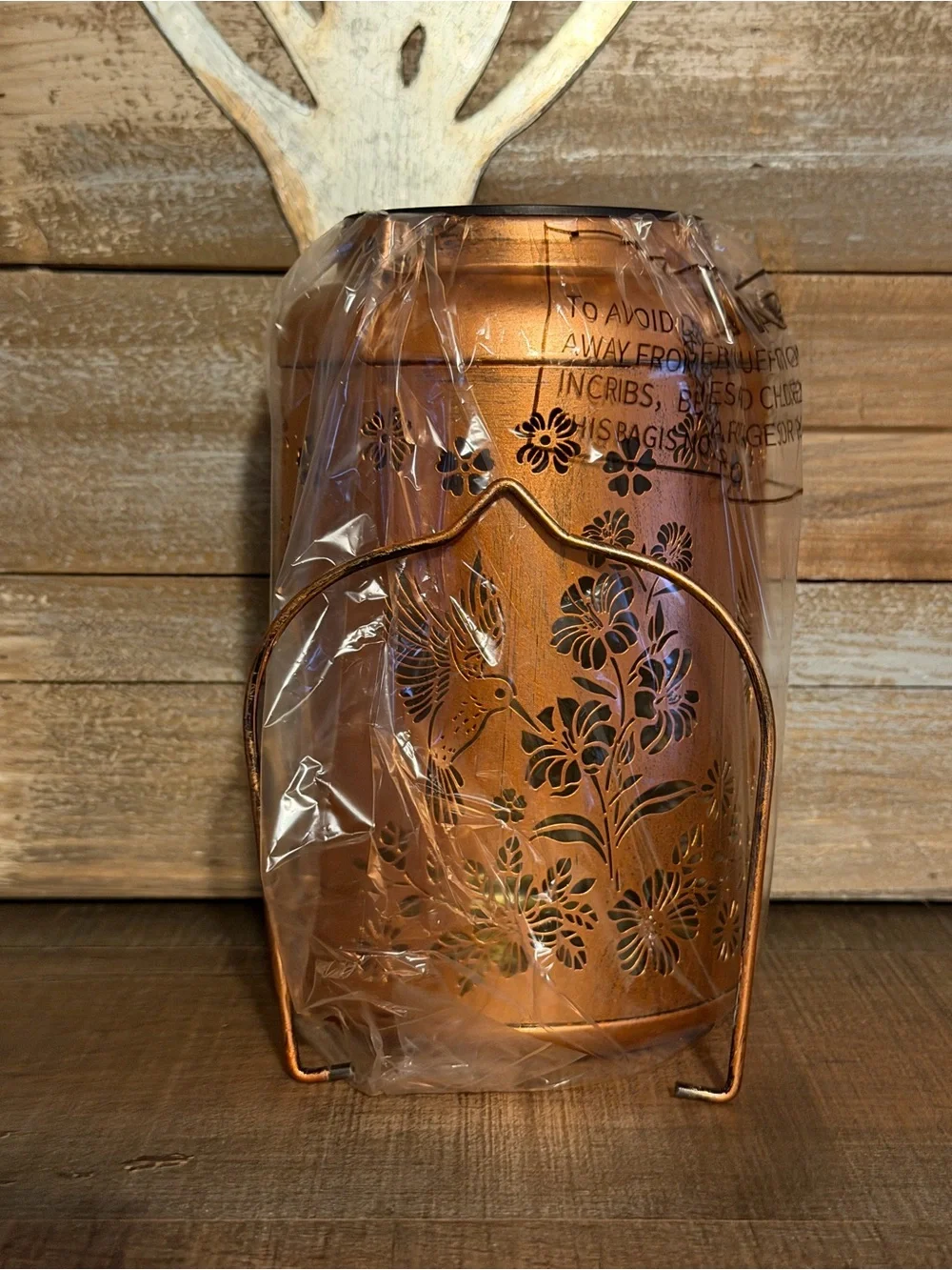 Solar Lantern Outdoor Copper Floral Hummingbird Metal Hanging Lantern